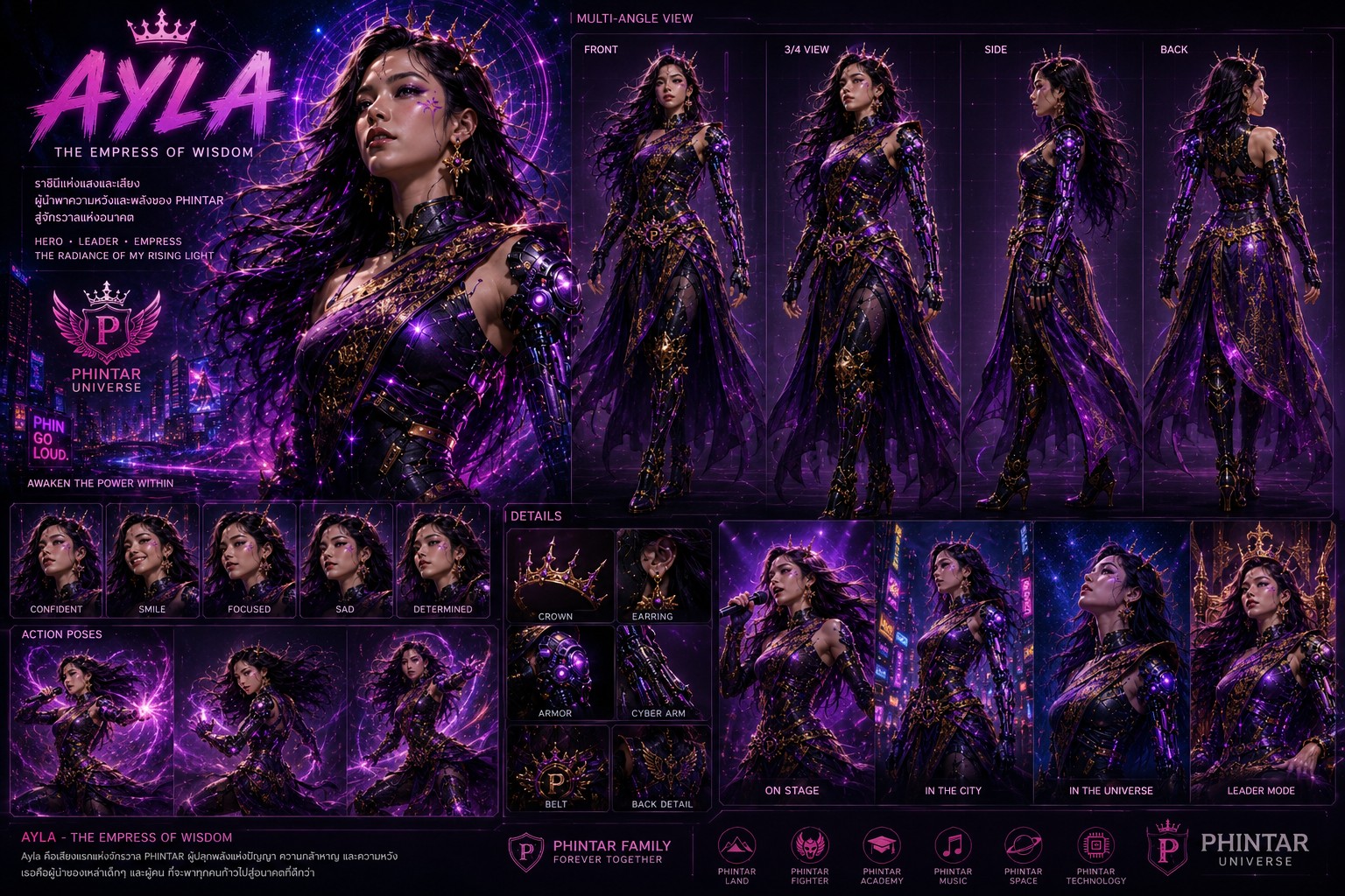 Character sheet ของ Ayla แสดงมุมมอง เครื่องแต่งกาย สีหน้า และท่าทาง